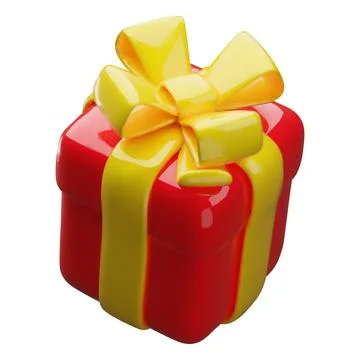 A red 3D plastic gift box, tied with a yellow ribbon and bow, top view. Stock Illustration