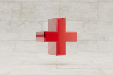 Red 3d plus symbol. Glossy red metallic sign on stone tile background. 3d ren Stock Illustration