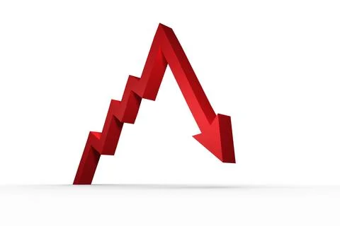 Red 3D render zigzag arrow is rising sharply on white studio plane with shadow, Stock Photos