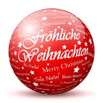 Red 3D Sphere with Mapped "Merry Christmas" Texture in German Language Stock Illustration