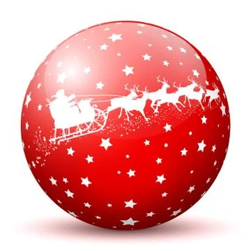 Red 3D Sphere with White Starlets and Santa Claus with Reindeer Sleigh Stock Illustration