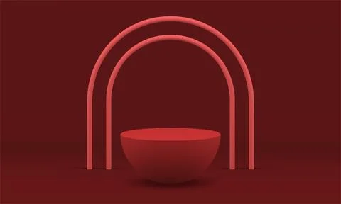 Red 3d stage geometric base foundation semisphere pedestal with arch merchand Illustrazione stock