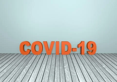 Red 3D text "Covid-19" on grey wooden floor with text space. Stock Illustration