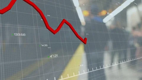 Red 3D trend line entering upper-left, tracking across grid, showing platform Stock Footage 334202487