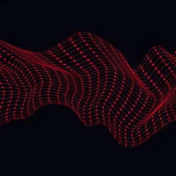 Red 3d wireframe wave background with digital mesh grid and interconnected .. Stockillustratie