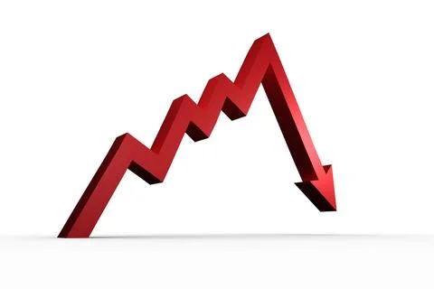 Red 3D zigzag arrow line is rising then falling on white backdrop with shadow, Stock Photos