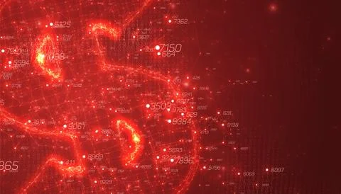 Red abstract 3D big data visualization with dollar symbol. Intricate financia Illustrazione stock