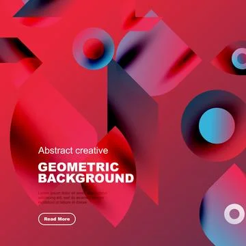 Red abstract backdrop features geometric shapes, circles, triangles. Modern Illustrazione stock