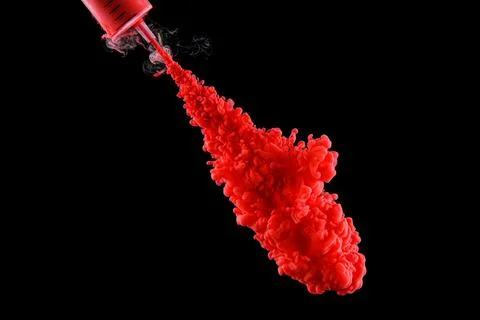 Red abstract background. Ink splashes from syringe. Stock Photos