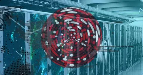 Red abstract circular shape spinning over globe against computer server room Foto stock
