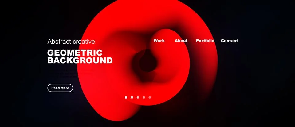 Red abstract design dominates dark backdrop. Minimalist website layout featur Stock Illustration