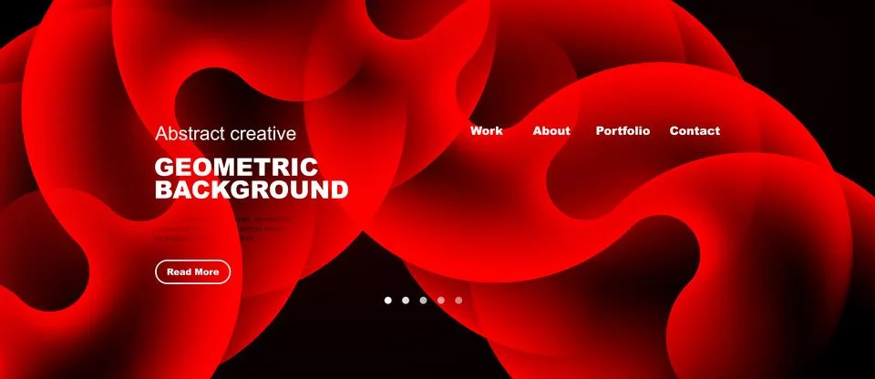 Red abstract design features flowing shapes, text elements, navigation menu. Stock Illustration