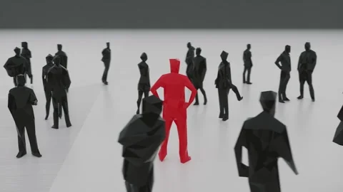 Red Abstract Figure Stands Out Among Black Abstract Human Figures on White Vidéo 303227366