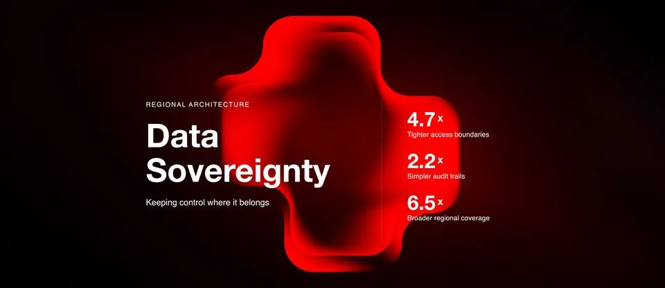 Red abstract shape dominates dark background. Text highlights data sovereignt Stock Illustration