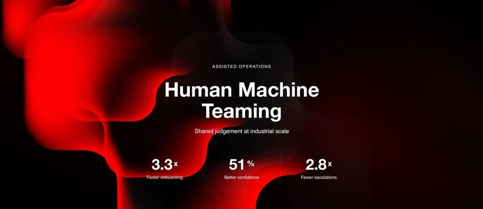 Red abstract shape dominates image. Text highlights human machine teaming, 스톡 일러스트