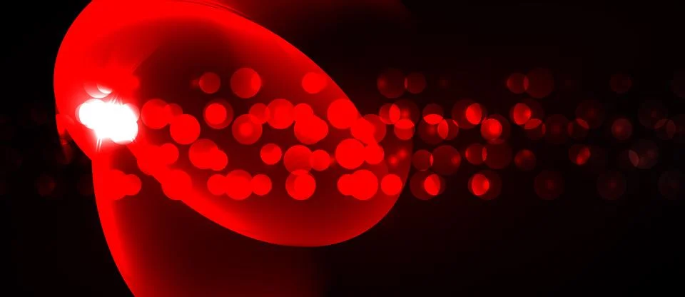 Red abstract shape emits glowing particles. Dark background emphasizes vibran Stock Illustration