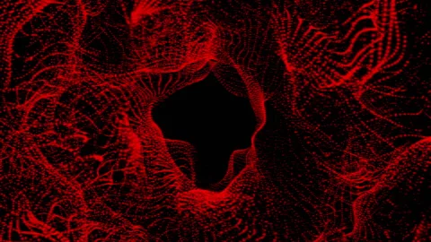Red abstract surfaces of particles slowly moving on a black background. 3d rende Stock Footage 97957571