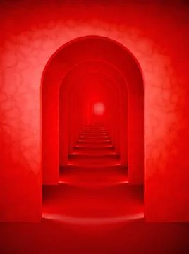 Red abstract surreal 3d render. Surrealistic arch corridor red background. Stock Illustration