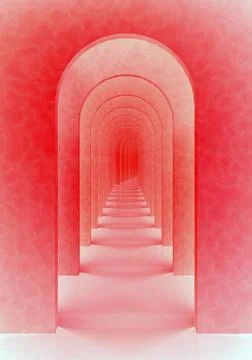 Red abstract surreal 3d render. Surrealistic arch corridor red background. Stock Illustration