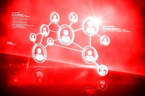 Red abstract vector illustration is showing user nodes, links, code text, lens Stock Illustration