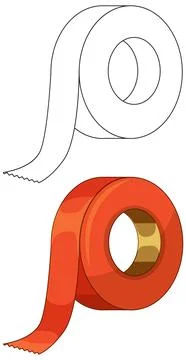 Red Adhesive Tape Roll and Black and White Line Art Illustration Stock Illustration