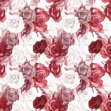 Red adn White Roses- Seamless Floral Print - Seamless Watercolor Pattern Flowers Stock Illustration