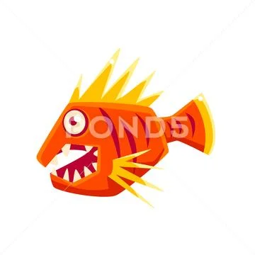Red Agressive Fantastic Aquarium Tropical Fish With Spiky Fins Cartoon Character Stock Illustration