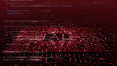 RED AI computer chip circuits with blurred code loop animation Stock Footage 344144389
