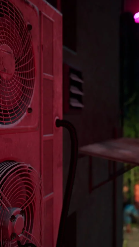 A red air conditioner sitting on the side of a building Vídeos de archivo 283106097