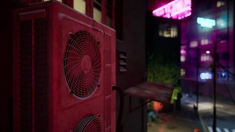 A red air conditioner sitting on the side of a building Ilustración de archivo