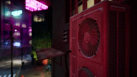 A red air conditioner sitting on the side of a building Ilustración de archivo