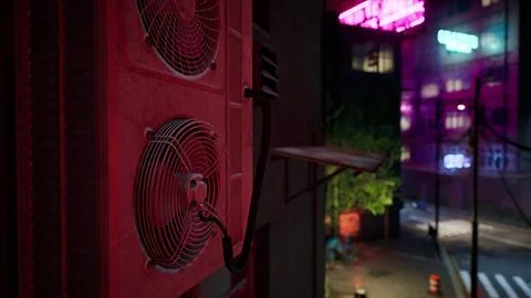 A red air conditioner sitting on the side of a building Ilustración de archivo
