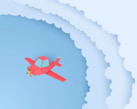 Red airplain flies through the clouds in paper cut style. Landscape with 3d sky Stock Illustration