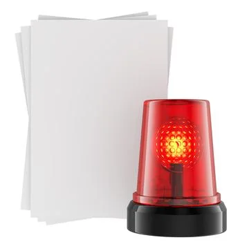 Red alarm beacon with stack of blank papers. 3D rendering Illustrazione stock