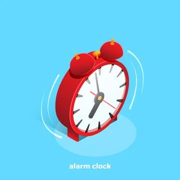 Red alarm clock on a blue background, isometric image Illustrazione stock