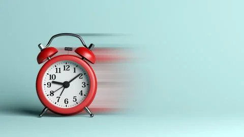Red Alarm Clock on Blue Empty Background with Blur Effect 3D Illustration Illustrazione stock