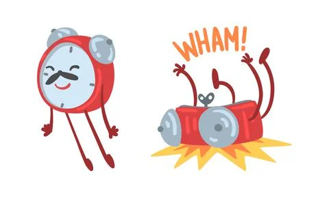 Red Alarm Clock Character Falling Down and Flying Vector Illustration Set 스톡 일러스트