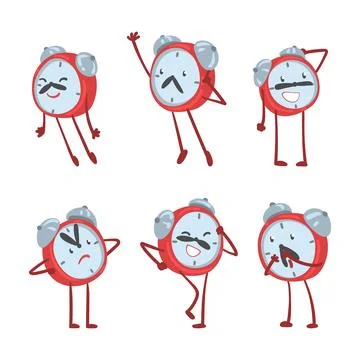 Red Alarm Clock Character with Funny Face Expression Vector Set 스톡 일러스트