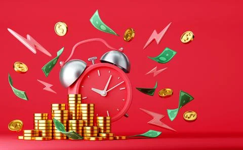 Red alarm clock with floating bills and coins around Stock Illustration