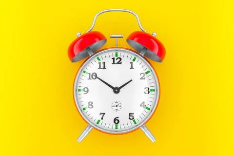 Red alarm clock front view, 3D rendering on orange backdrop Stock Illustration