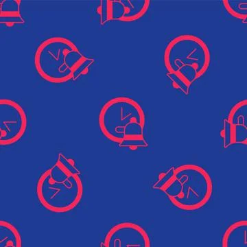 Red Alarm clock icon isolated seamless pattern on blue background. Wake up, get Illustrazione stock