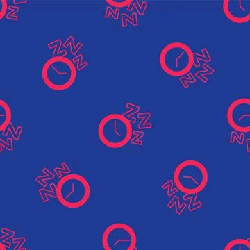 Red Alarm clock icon isolated seamless pattern on blue background. Wake up, get 스톡 일러스트