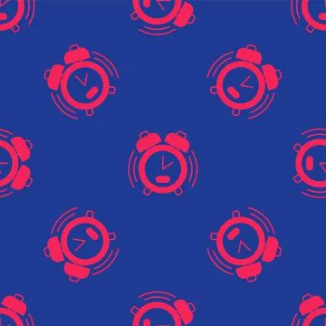 Red Alarm clock icon isolated seamless pattern on blue background. Wake up, g Stock Illustration