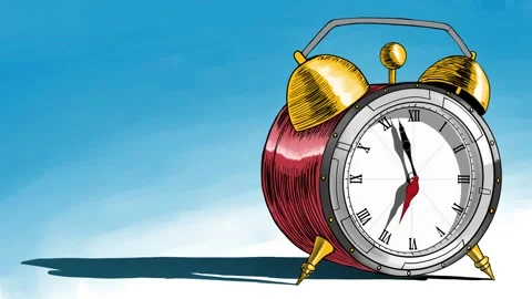 Red Alarm Clock Ringing at 7 AM on Bright Blue Background Wake-Up Concept Stock Footage 296575473