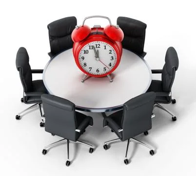 Red alarm clock on round table isolated on white background. 3D illustration Illustrazione stock
