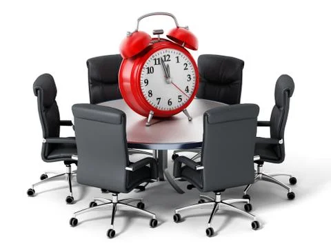 Red alarm clock on round table isolated on white background. 3D illustration Illustrazione stock