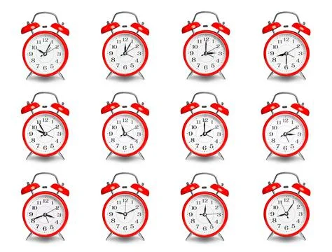 Red alarm clock showing different time isolated on white, collage 库存照片