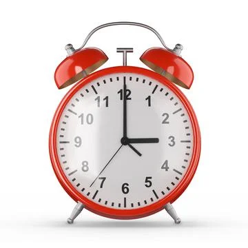Red alarm clock on a white background. Front view. 3d render. Illustrazione stock