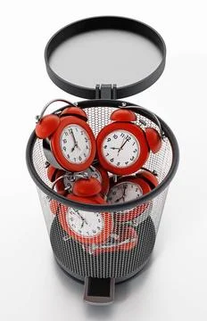Red alarm clocks inside garbage bin isolated on white. 3D illustration Red... Foto stock