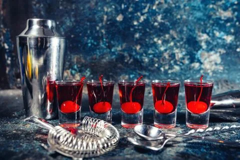 Red Alcoholic drink in shot glasses, aperitif and digestive drinks Stock Photos